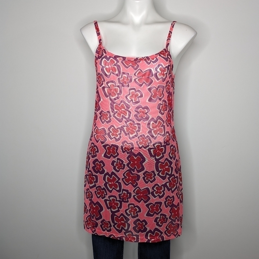 Vintage Jag Y2K late 90s red pink purple floral mesh tank dress S